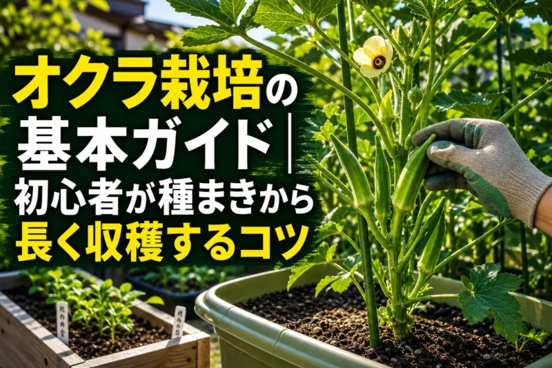 夏の日差しの中で収穫期を迎えたオクラの株。