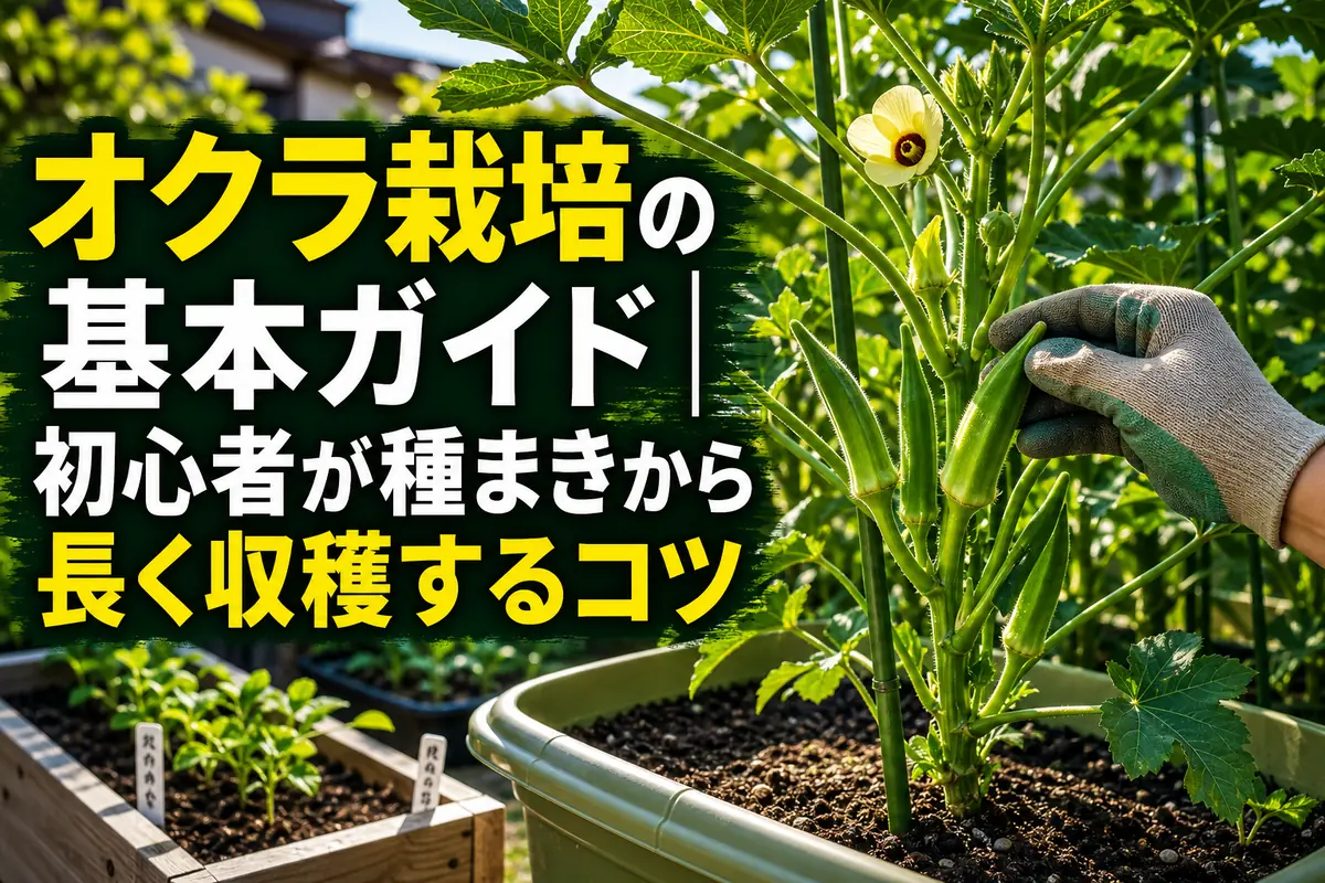 夏の日差しの中で収穫期を迎えたオクラの株。