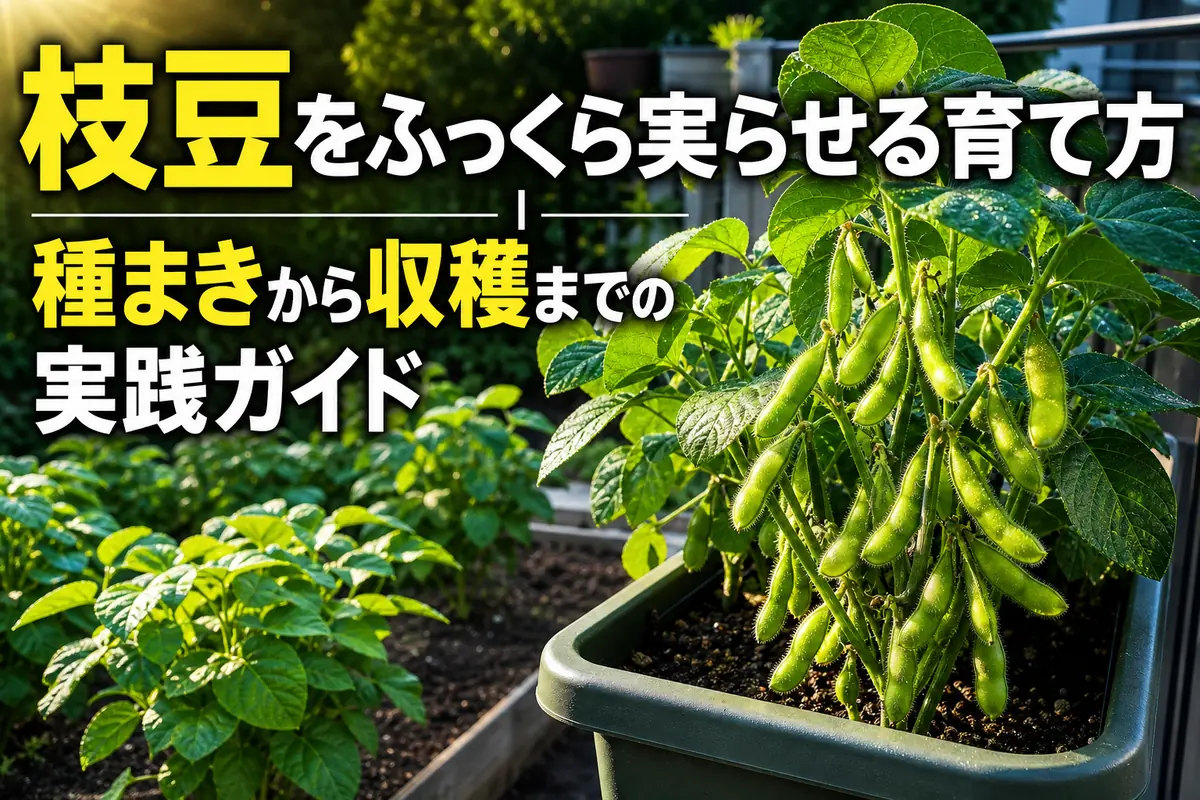 家庭菜園でふっくらした莢を付けた枝豆の株。