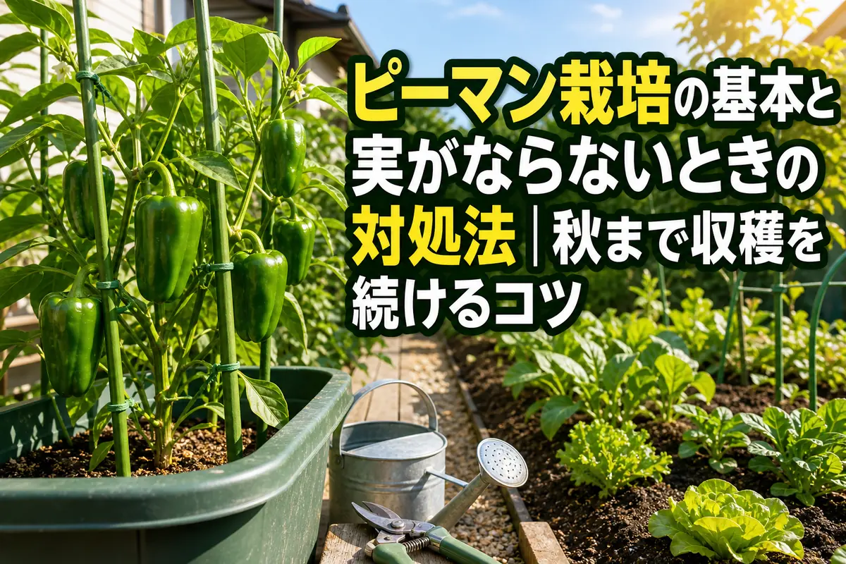支柱に支えられたピーマンの株に緑色の実が育つ家庭菜園。