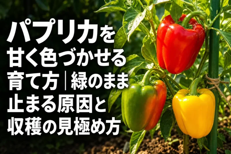 家庭菜園で緑色から赤や黄色へ色づくパプリカの実。