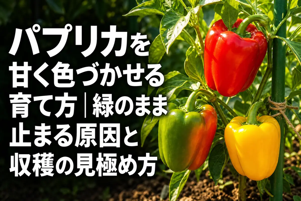 家庭菜園で緑色から赤や黄色へ色づくパプリカの実。