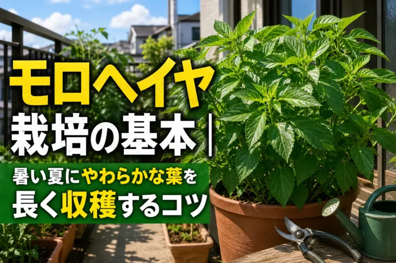 夏の日差しを受けて青々と育つプランターのモロヘイヤ。