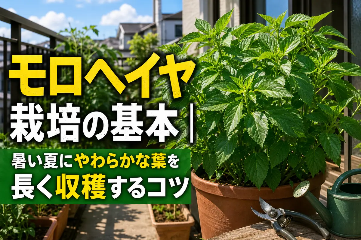 夏の日差しを受けて青々と育つプランターのモロヘイヤ。
