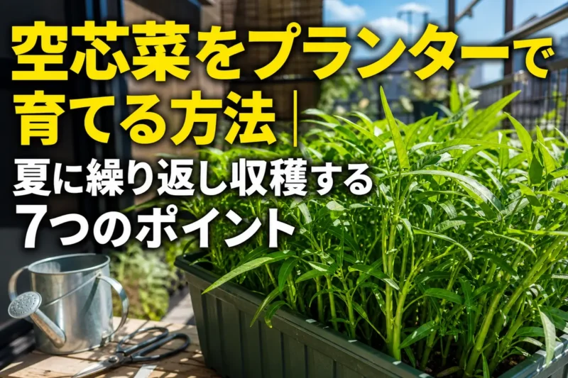 夏のベランダでプランターいっぱいに育つ空芯菜。