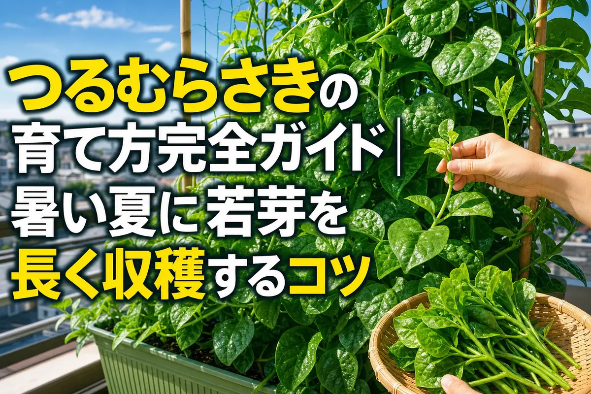 真夏のプランターで支柱につるを伸ばすつるむらさき。