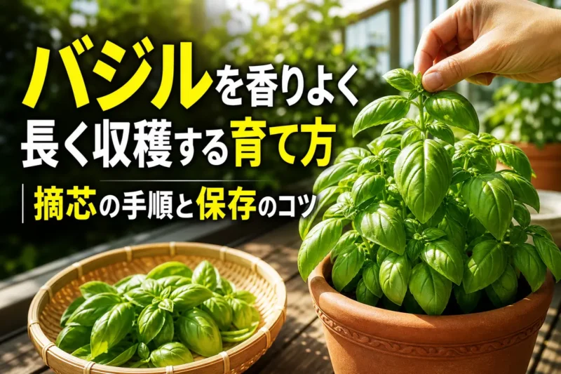 家庭菜園の鉢植えバジルを摘芯して収穫する様子。