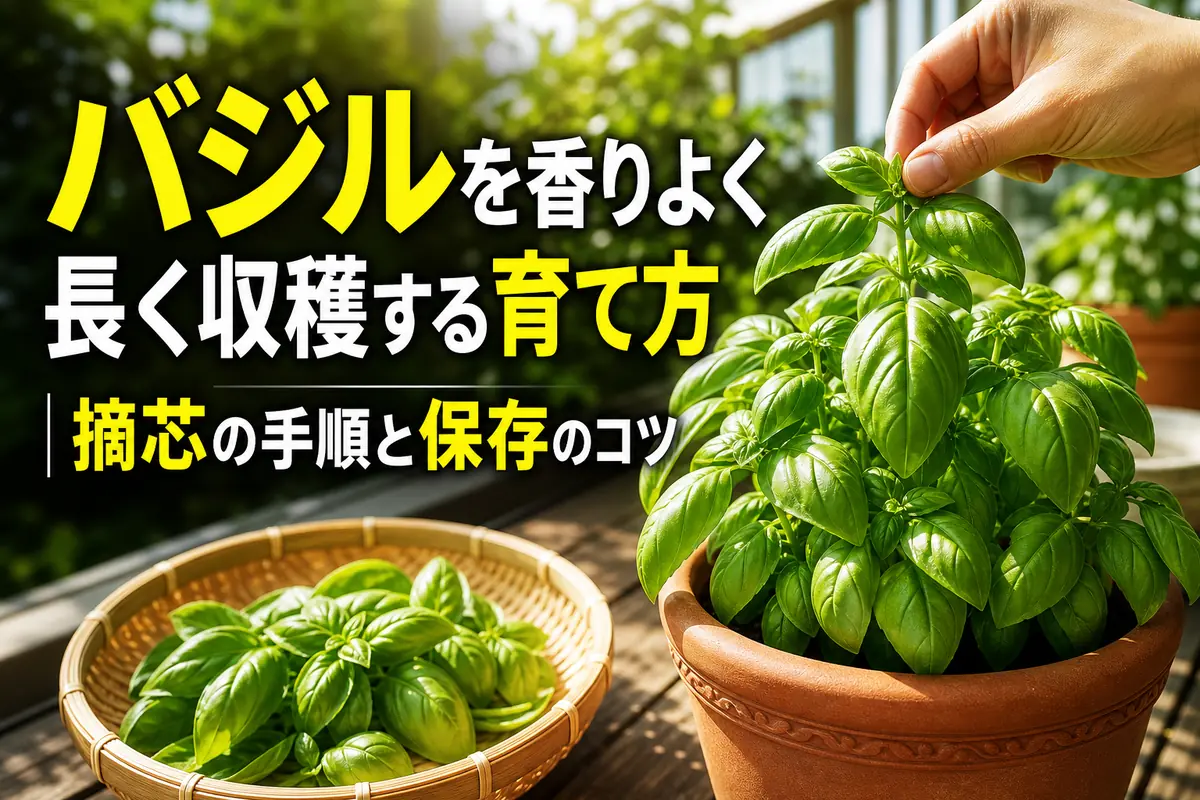 家庭菜園の鉢植えバジルを摘芯して収穫する様子。
