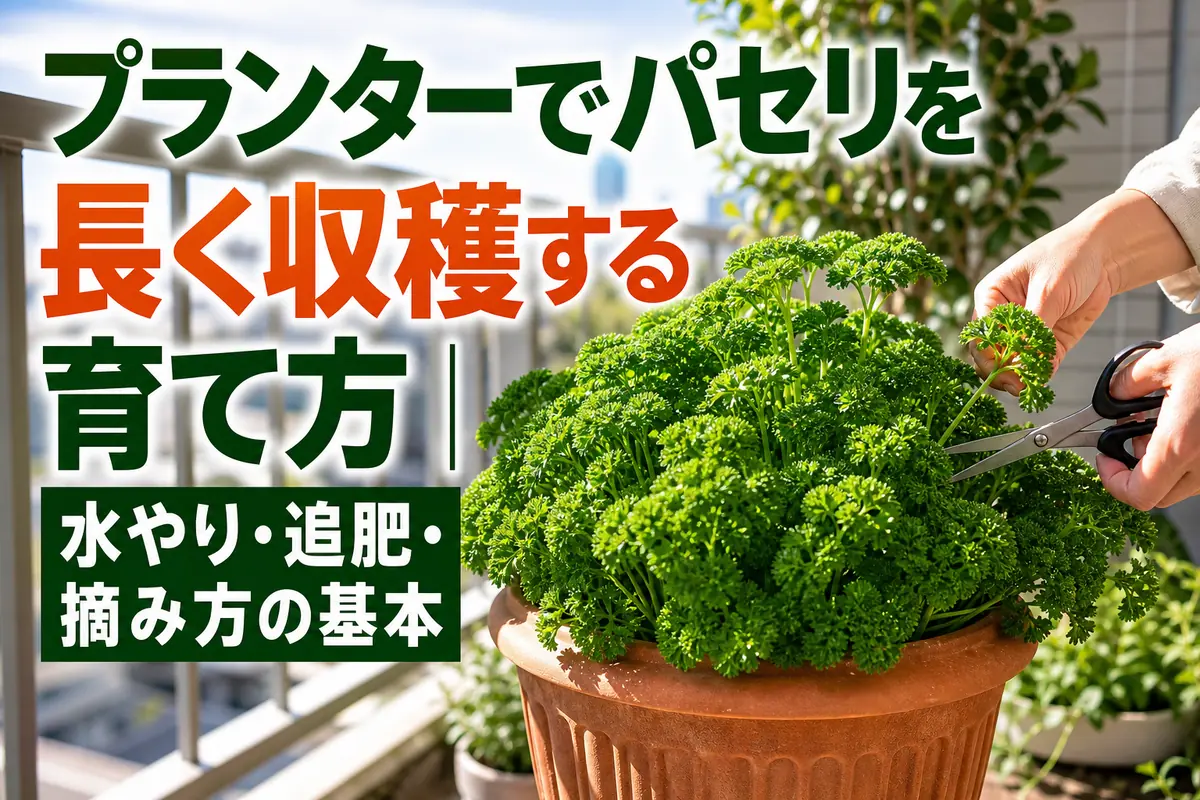 プランターで育ったパセリの外葉を少しずつ収穫する様子。