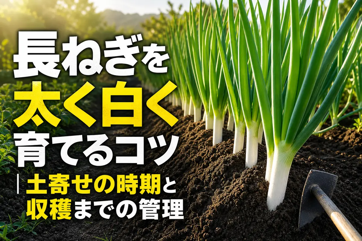 土寄せした畝で白い部分を長く育てている長ねぎ。