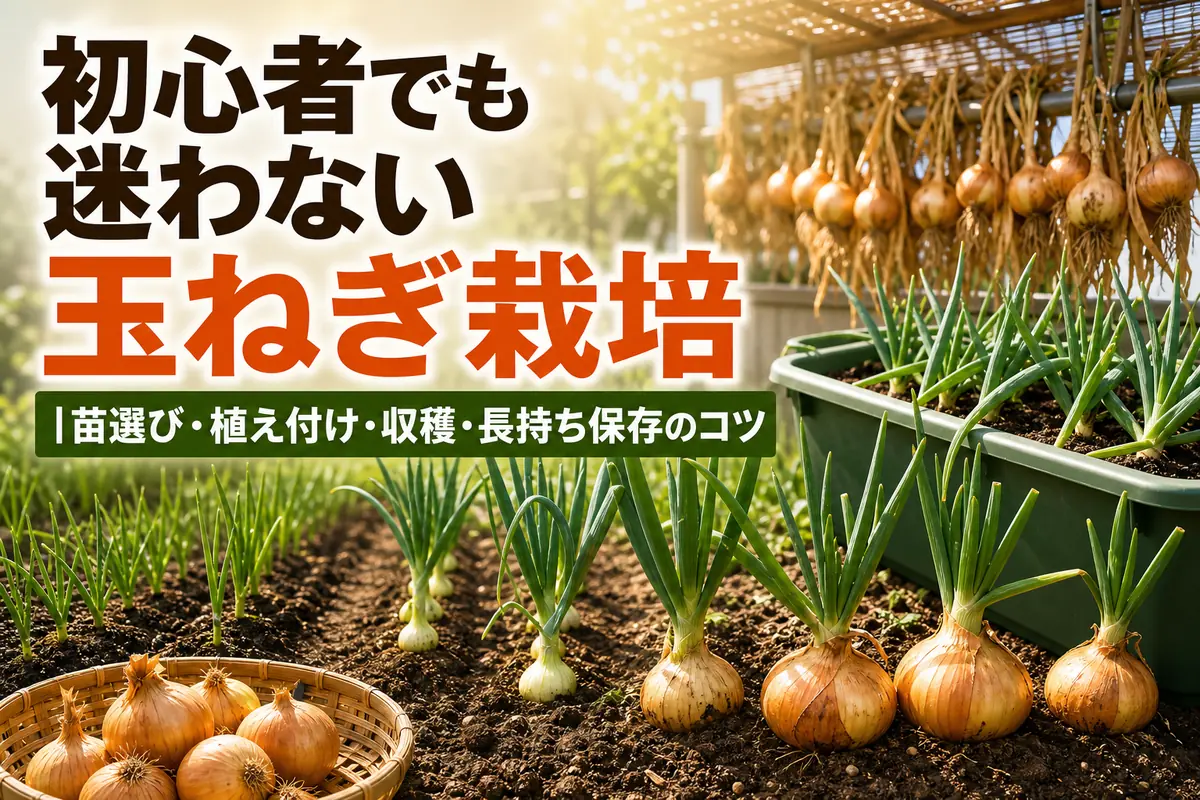 畑とプランターで育つ玉ねぎと、収穫後に風通しよく乾燥させている様子。