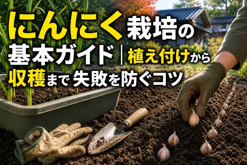 家庭菜園の畑とプランターににんにくの種球を植え付ける様子。