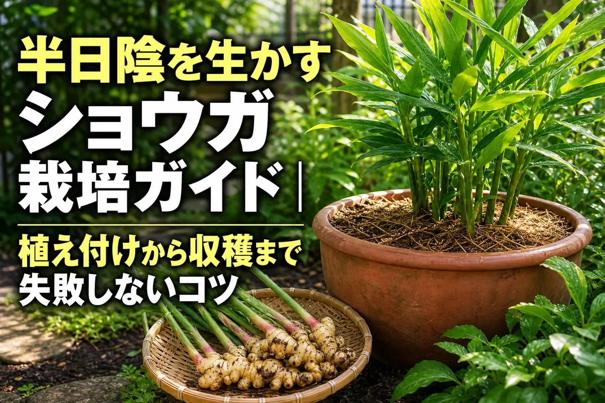 明るい半日陰のプランターで育つショウガと収穫した根茎。