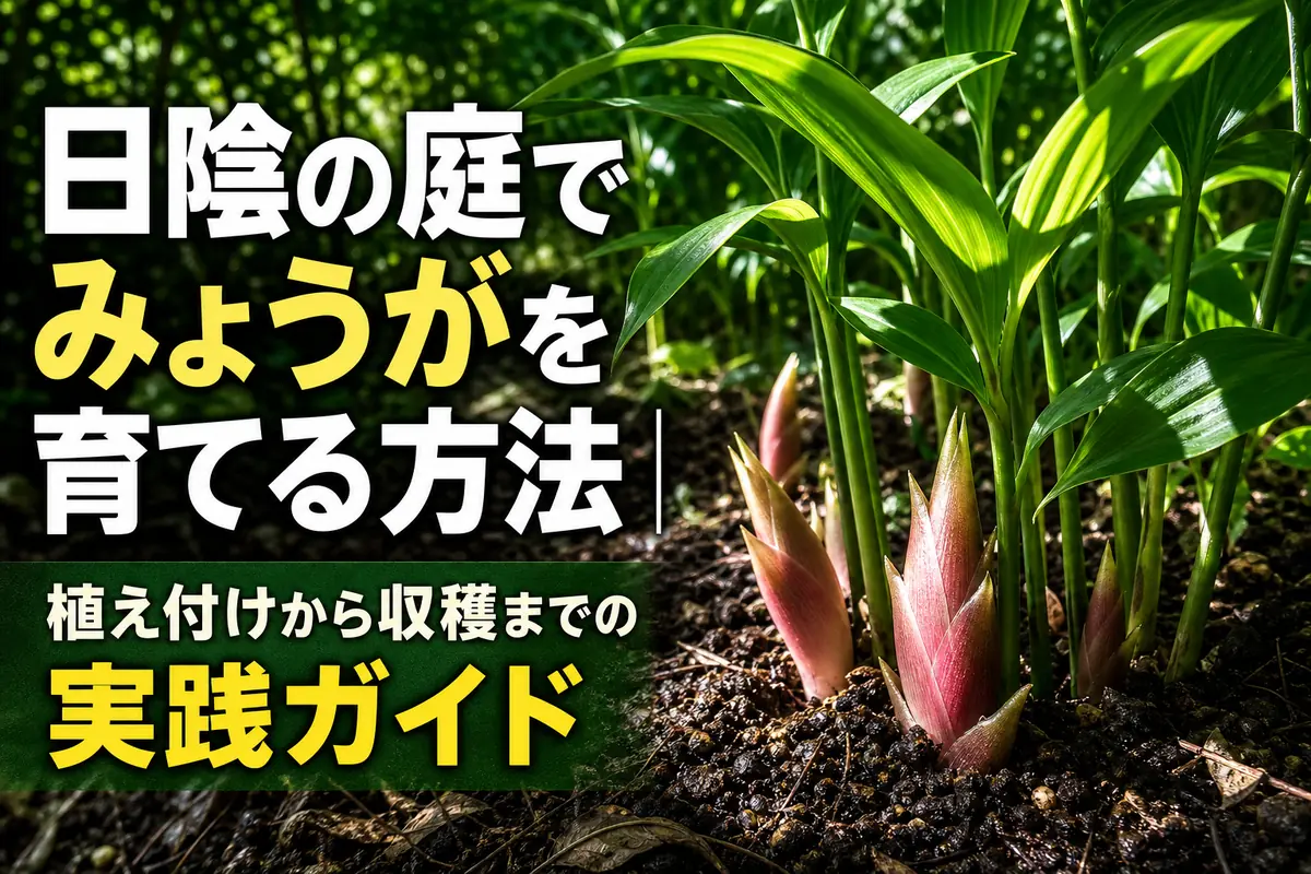 明るい半日陰の庭で、株元から花蕾を出して育つみょうが。