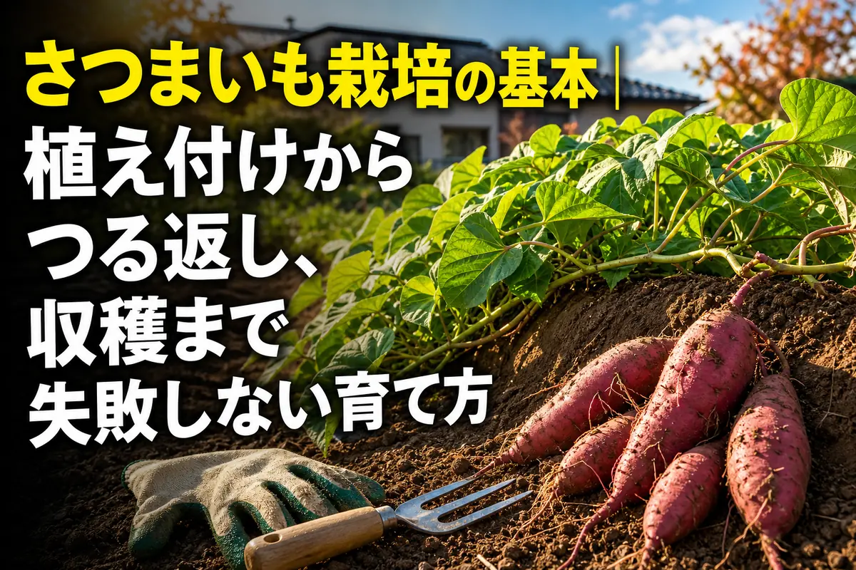 家庭菜園の畝で育つさつまいものつると収穫したいも。