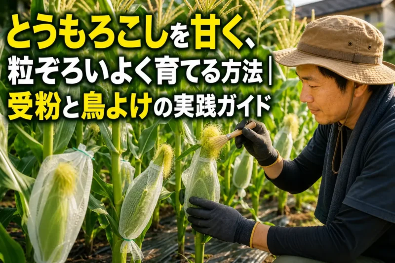 家庭菜園で育つとうもろこしに人工授粉と鳥よけを施している様子。
