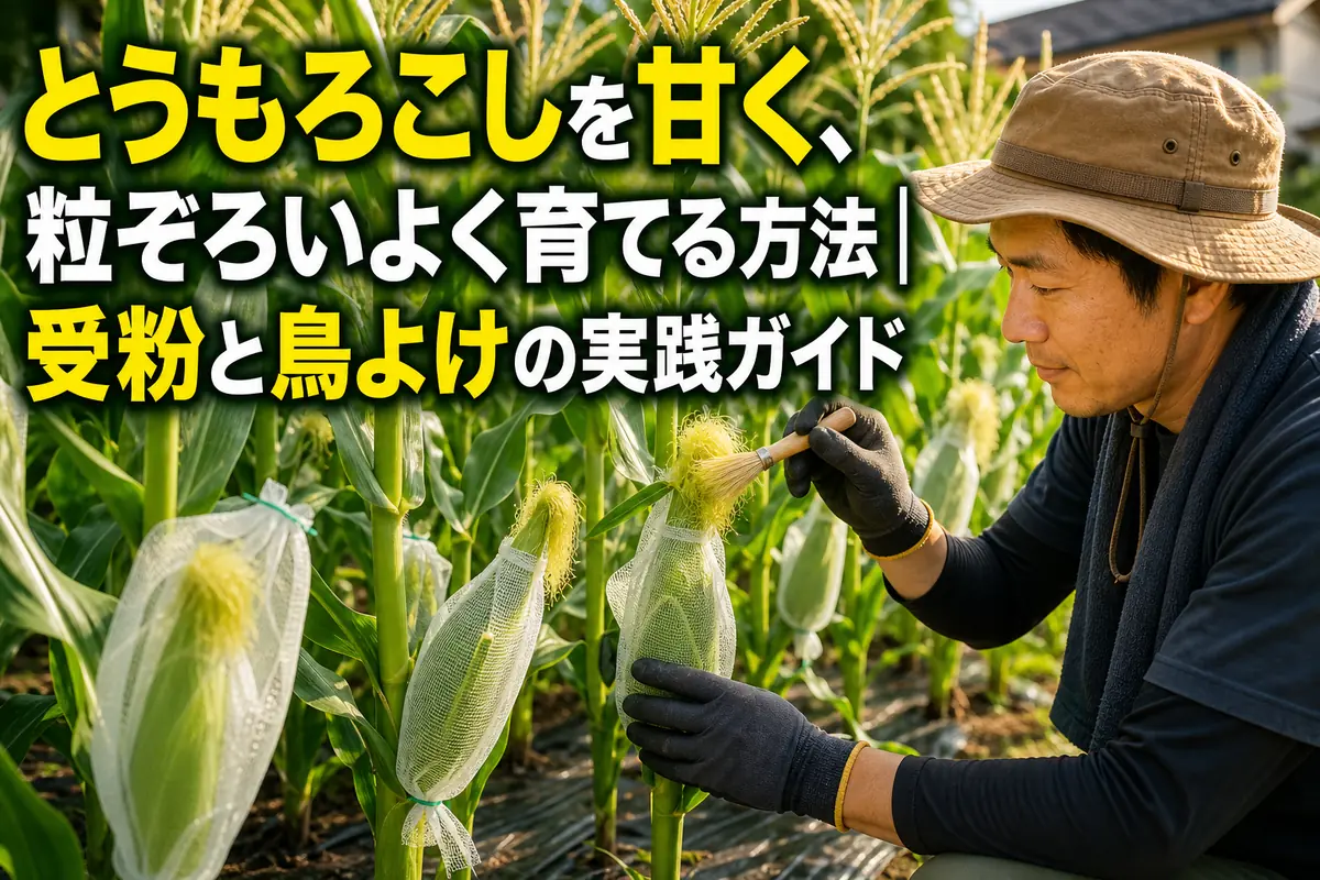 家庭菜園で育つとうもろこしに人工授粉と鳥よけを施している様子。