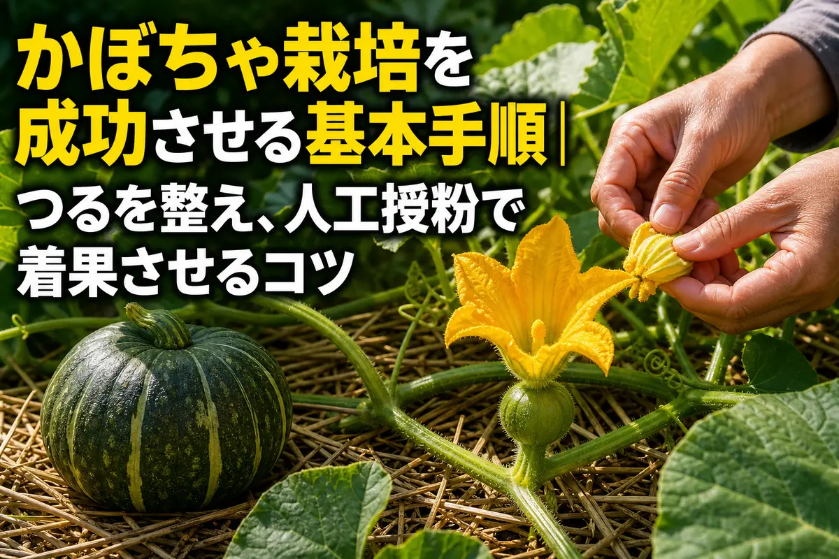 朝の家庭菜園で、整えたかぼちゃのつるに人工授粉している様子。