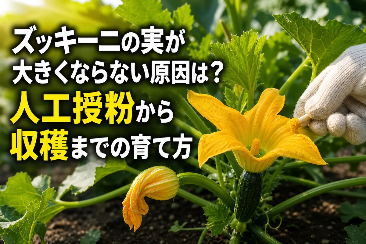 家庭菜園のズッキーニの雌花へ早朝に人工授粉している様子。