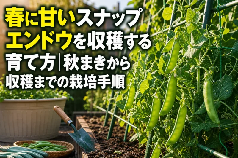 春の家庭菜園でネットに実ったスナップエンドウ。