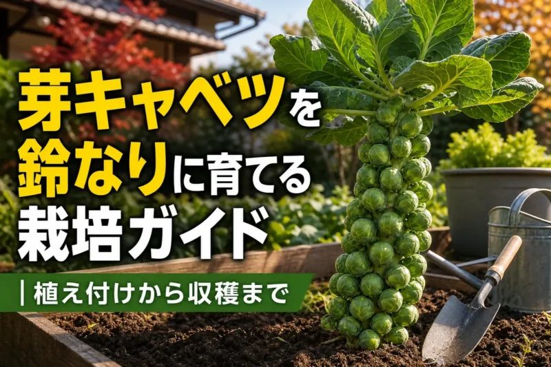 茎にたくさんの芽球を付けた収穫前の芽キャベツ。
