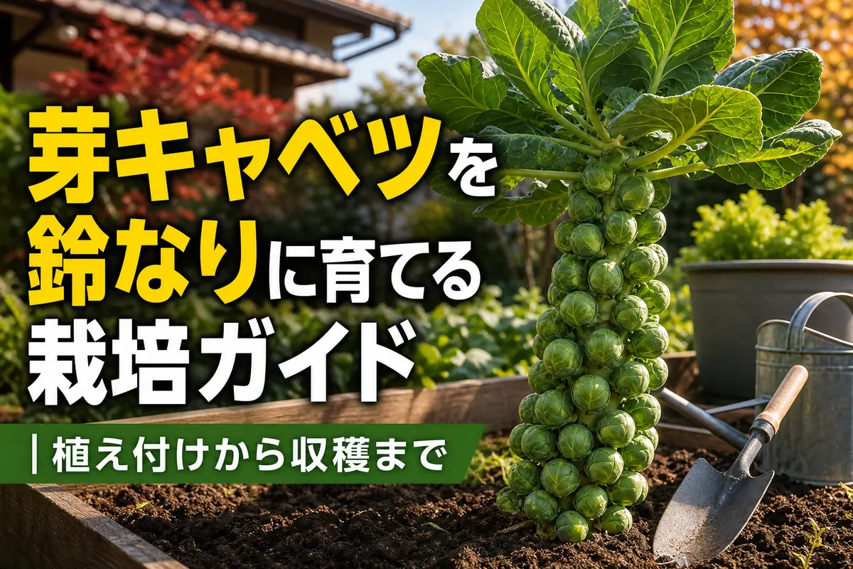 茎にたくさんの芽球を付けた収穫前の芽キャベツ。