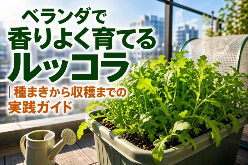 ベランダのプランターで青々と育つ収穫前のルッコラ。