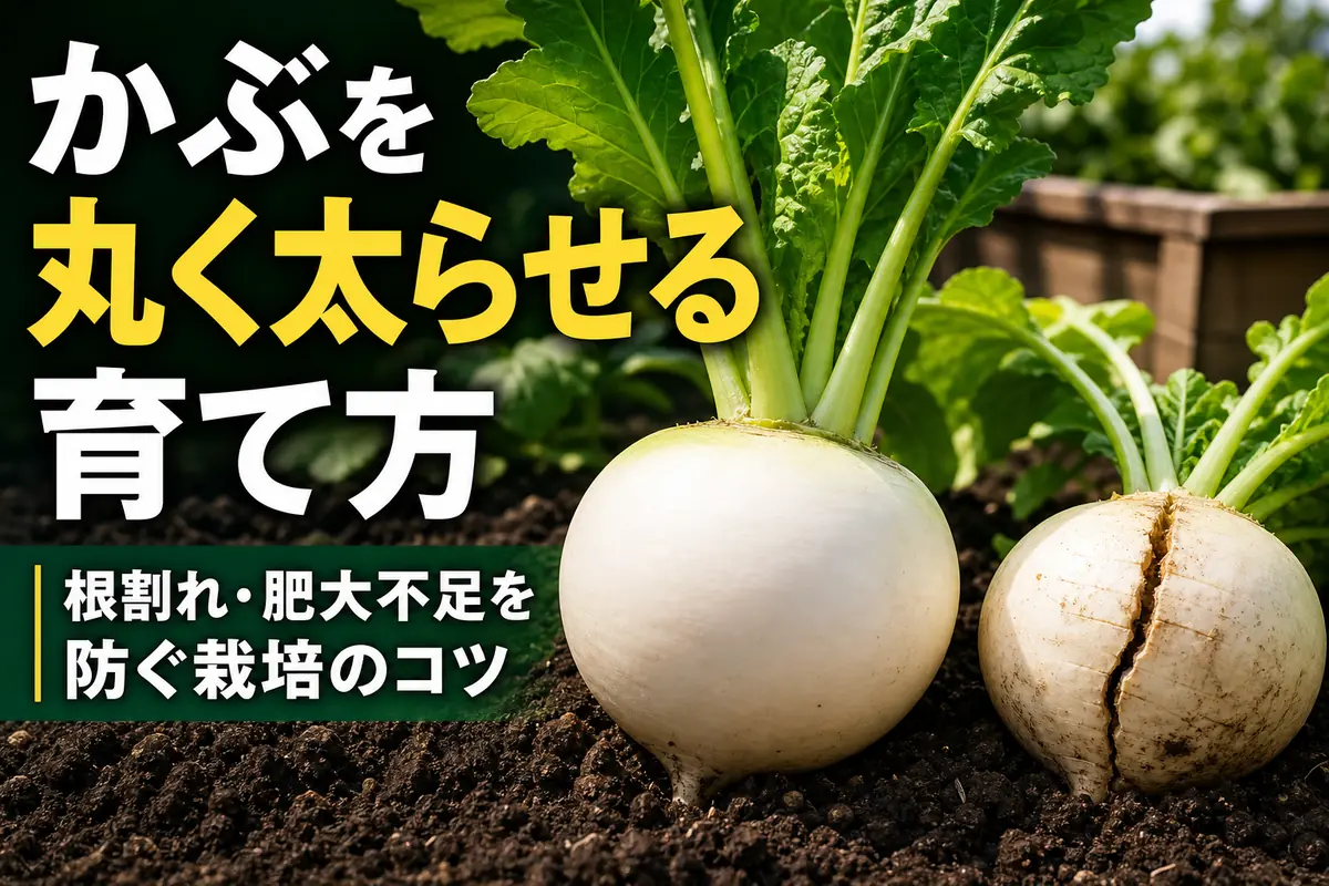 家庭菜園の土で育つ丸いかぶと根割れしたかぶ。