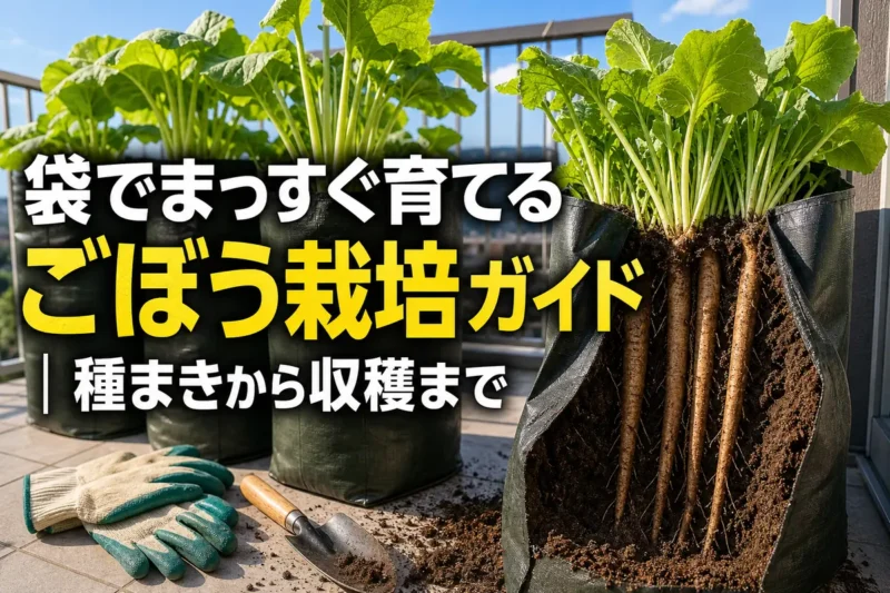 深い栽培袋の土から長く育ったごぼうの根が見えている家庭菜園。
