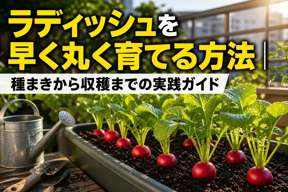 プランターの土から赤い根をのぞかせる収穫間近のラディッシュ。