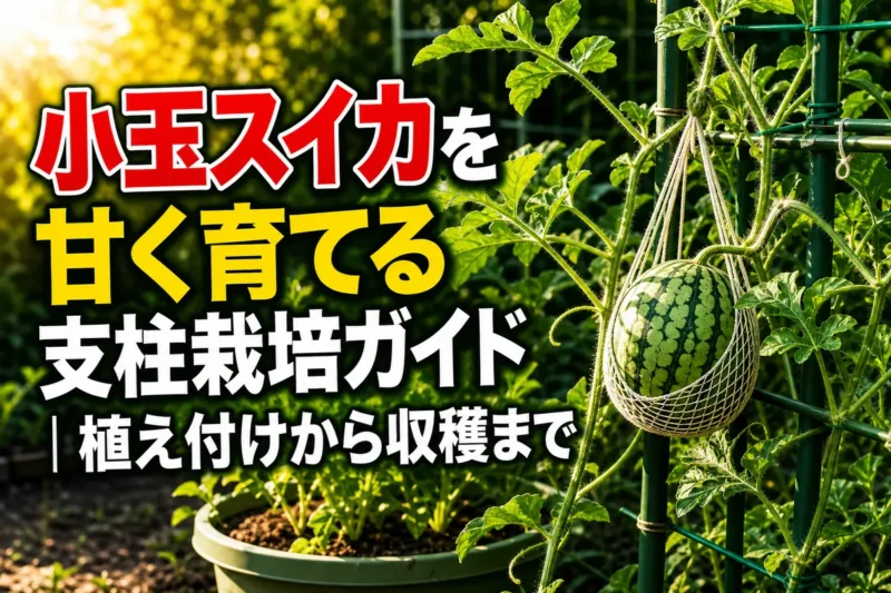 支柱ネットにつるを誘引し、果実を袋で支えた小玉スイカ。