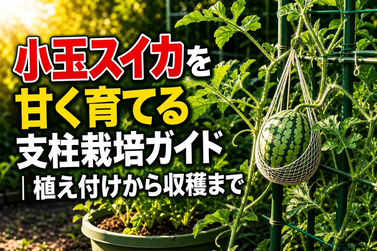 支柱ネットにつるを誘引し、果実を袋で支えた小玉スイカ。