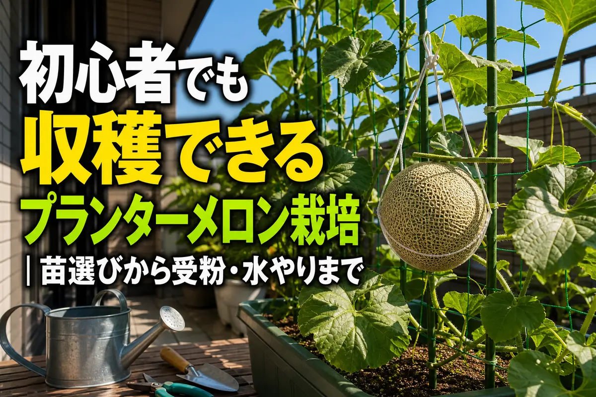 日当たりのよいベランダの大型プランターで育つメロン。