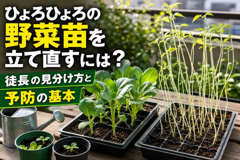 丈夫な野菜苗と徒長した細長い苗を比較した様子。