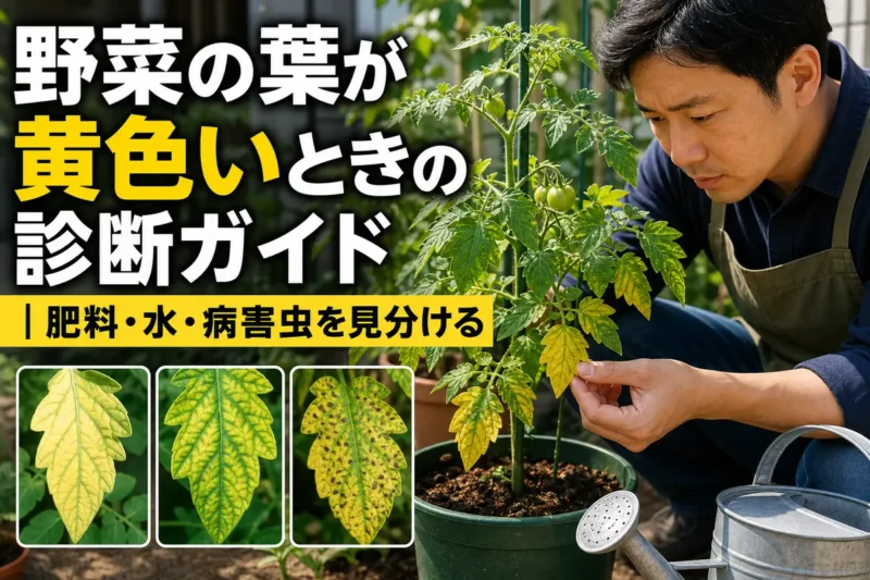 家庭菜園で黄色くなった野菜の葉を観察する様子。