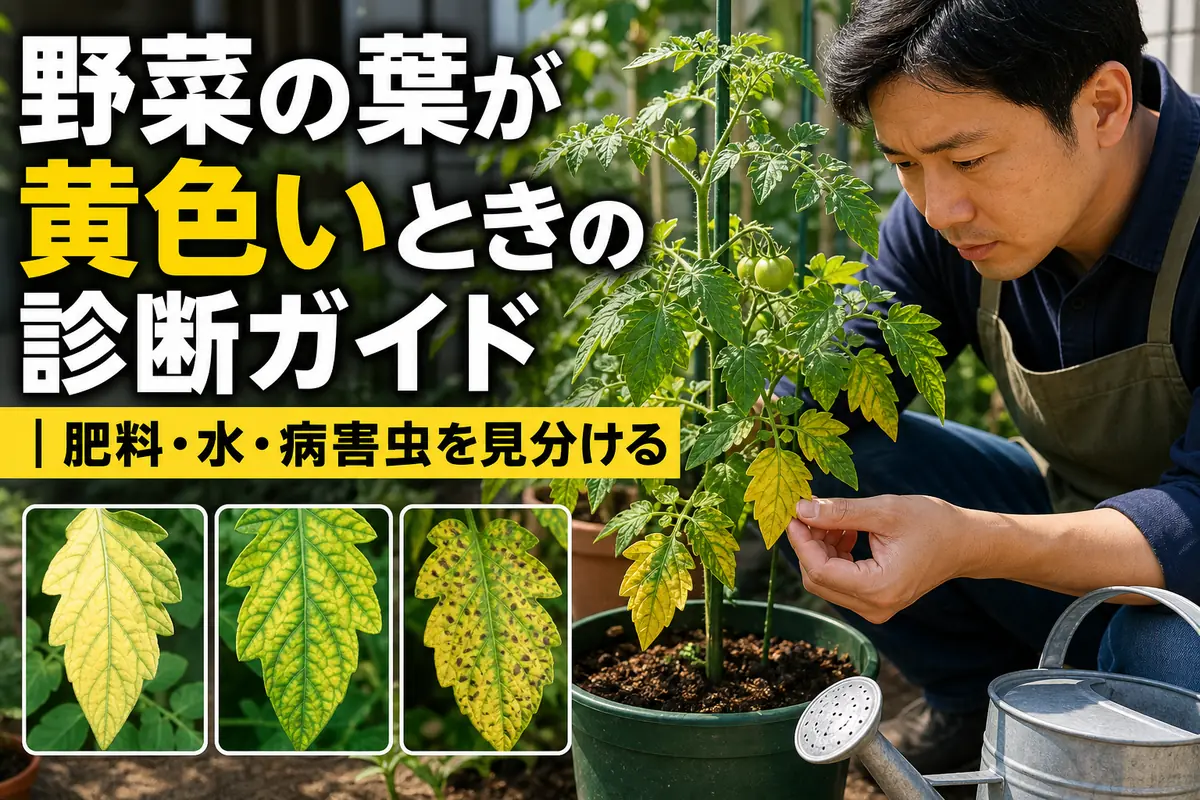 家庭菜園で黄色くなった野菜の葉を観察する様子。