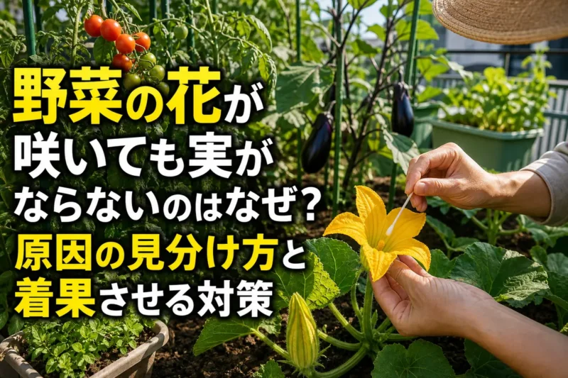 家庭菜園でカボチャの花を人工授粉する様子。
