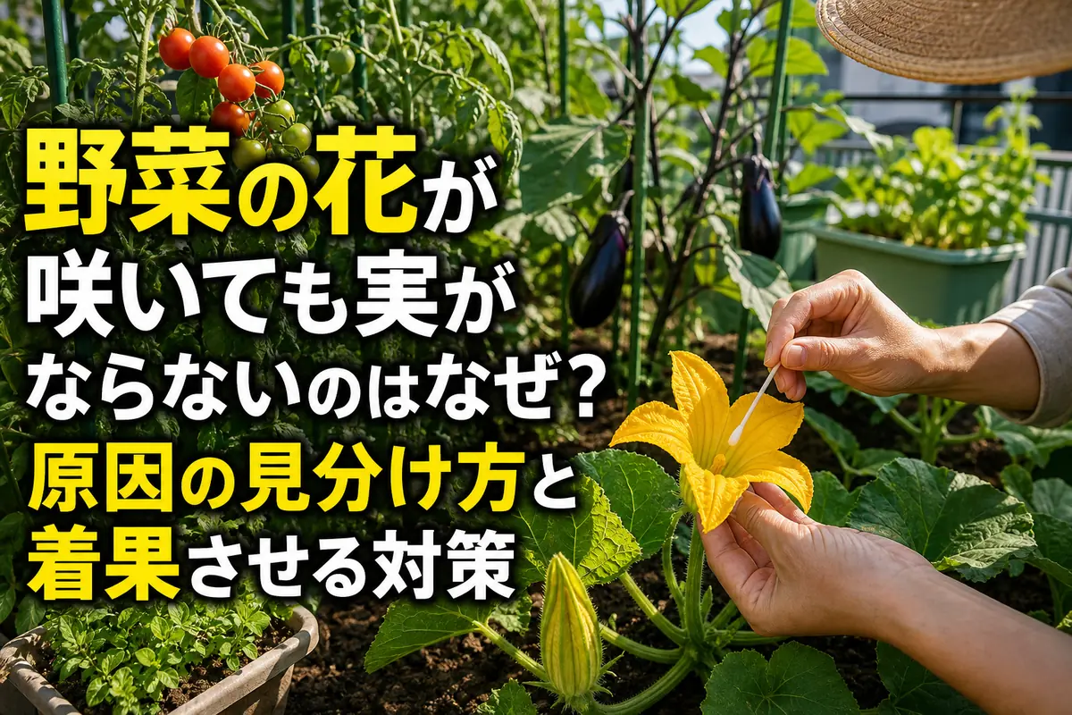 家庭菜園でカボチャの花を人工授粉する様子。