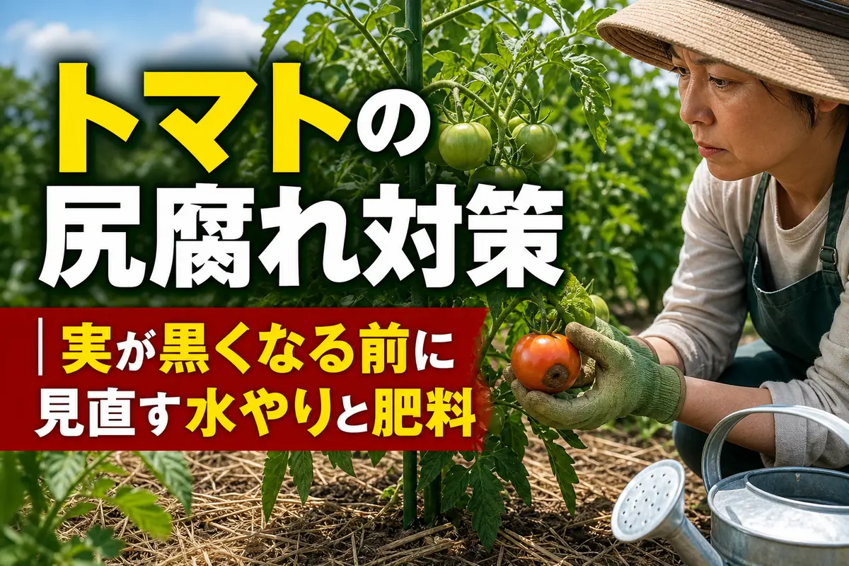 家庭菜園でトマトの実と株元の水分状態を確認している様子。