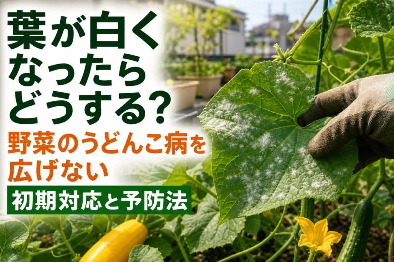 家庭菜園で白い斑点が出た野菜の葉を確認している様子。