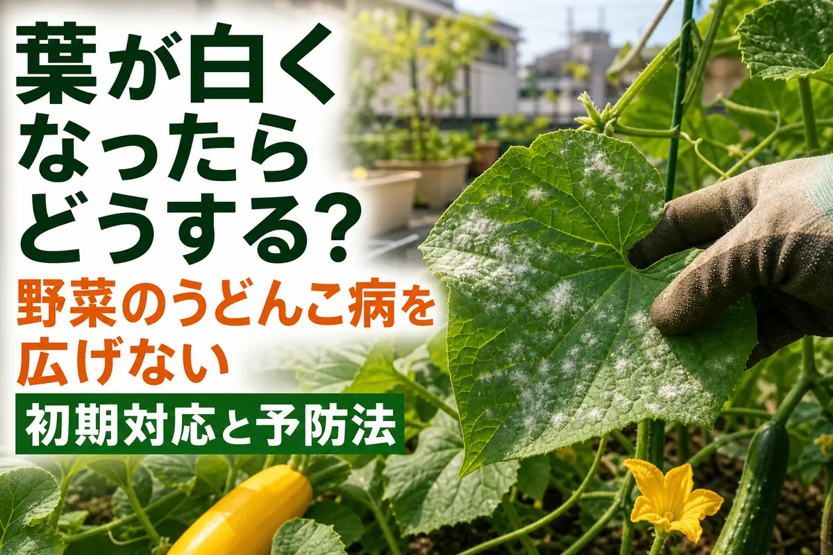 家庭菜園で白い斑点が出た野菜の葉を確認している様子。