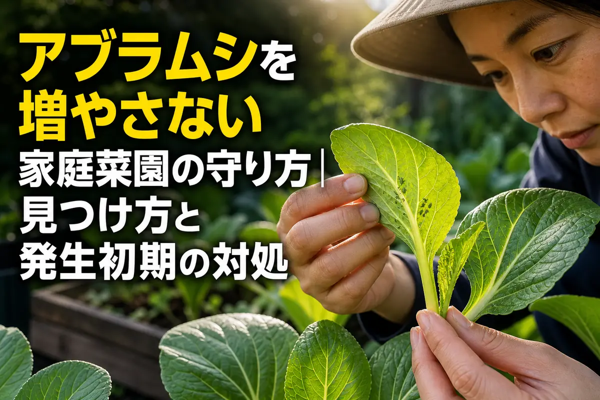 家庭菜園で野菜の葉裏についたアブラムシを点検する様子。