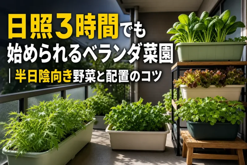 半日陰のベランダに葉物野菜のプランターを配置した家庭菜園。