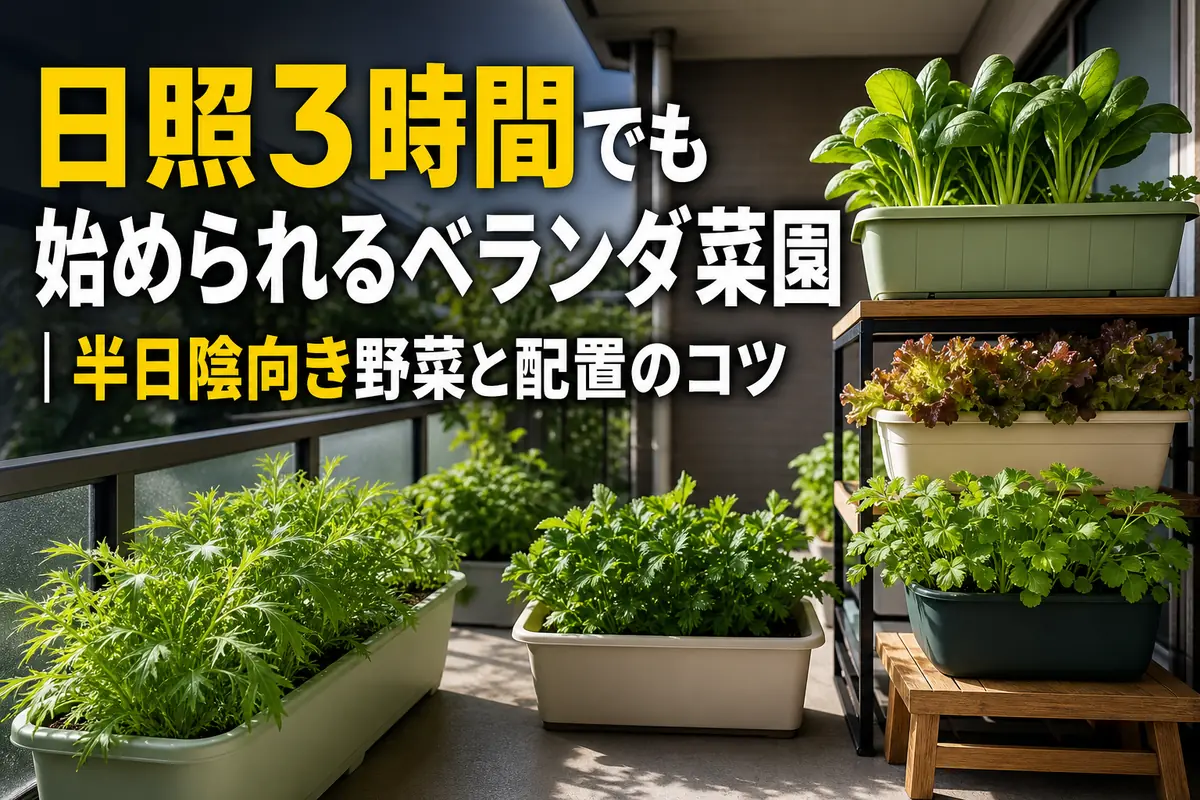 半日陰のベランダに葉物野菜のプランターを配置した家庭菜園。