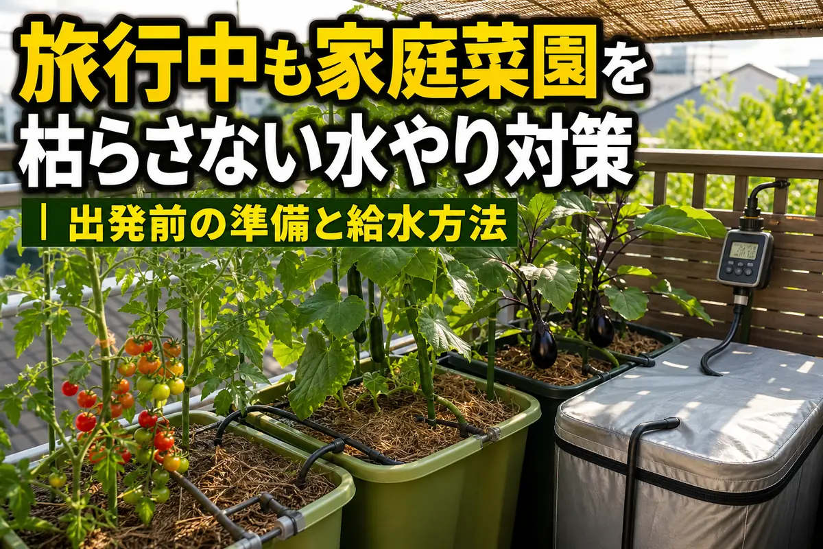 旅行前に自動給水と乾燥対策を整えたベランダの家庭菜園。