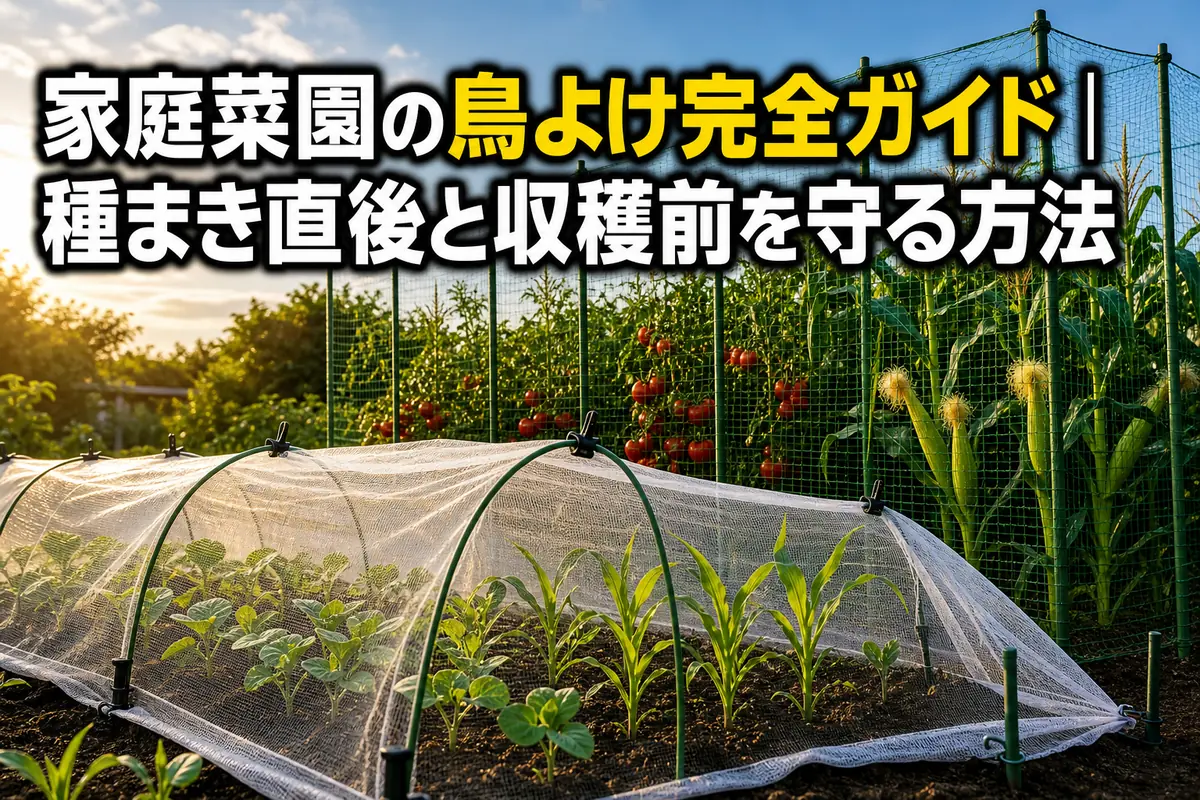 防鳥ネットで種まき直後の苗と収穫前の野菜を守る家庭菜園。