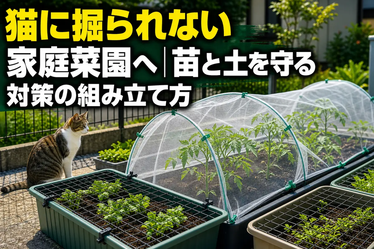 ネットと支柱で猫から苗と土を守る家庭菜園。