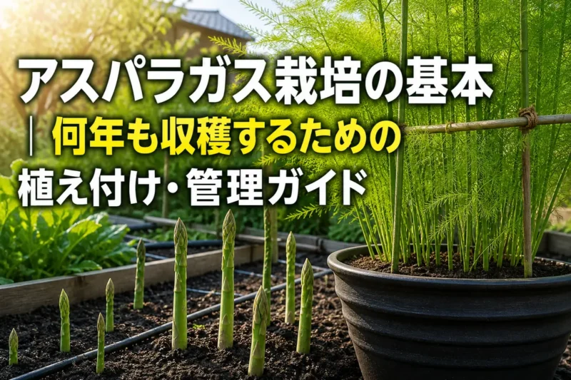 家庭菜園の畝から伸びるアスパラガスの若芽と支柱で支えた茎葉。