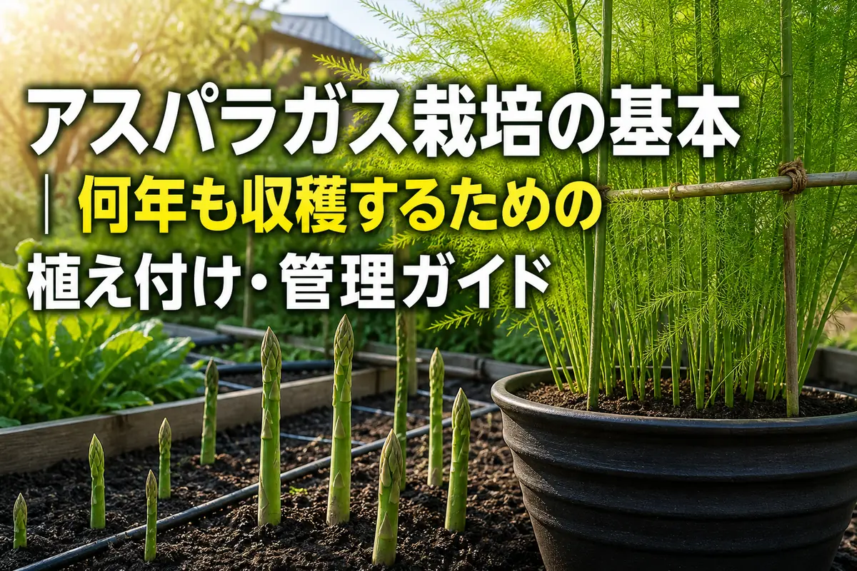 家庭菜園の畝から伸びるアスパラガスの若芽と支柱で支えた茎葉。