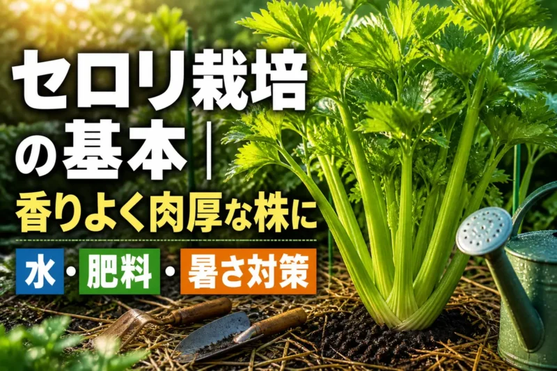 家庭菜園で肉厚に育った緑色のセロリ株。